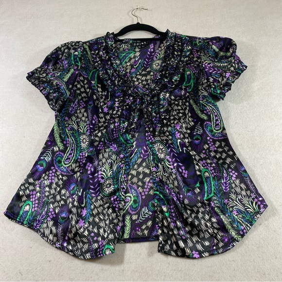 Chime Paisley Button Down Blouse Top Short Sleeve Sharkbite Hem LG Peaco… - Picture 11 of 11